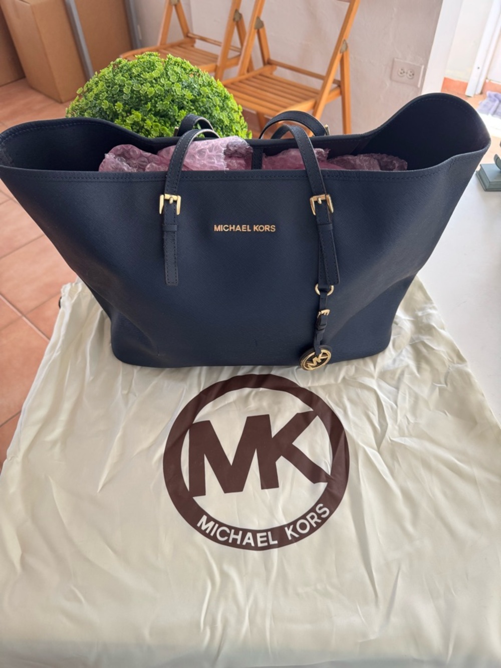 Michael Kors Midnight Blue Leather Tote with Gold Hardware